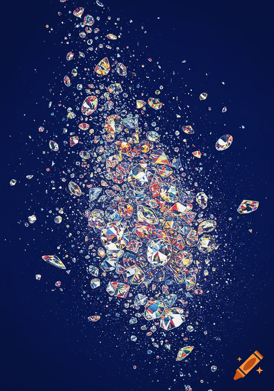 A splash of colorful, faceted diamonds scattering on a dark blue background.