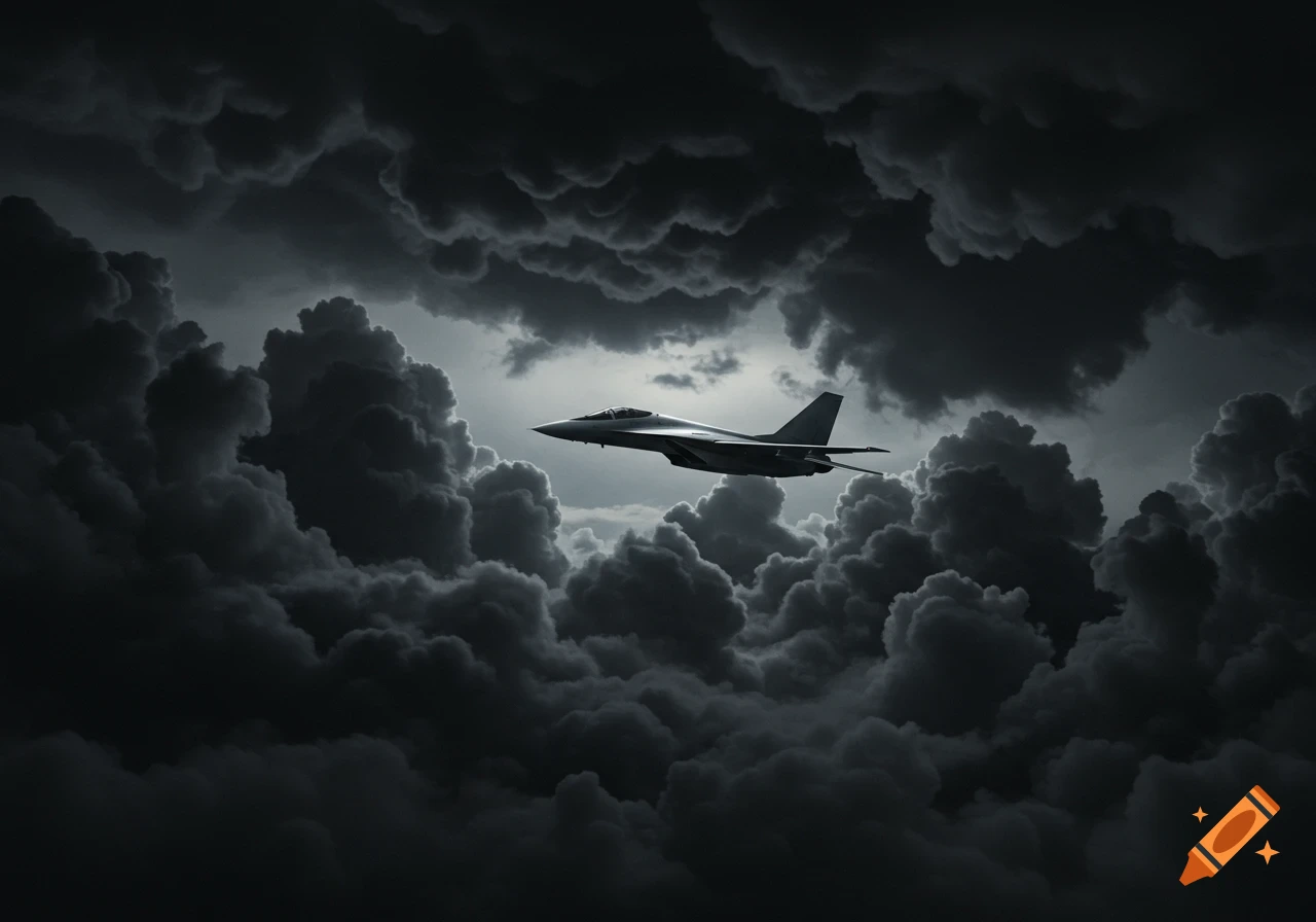 A fighter jet flies through dark storm clouds.