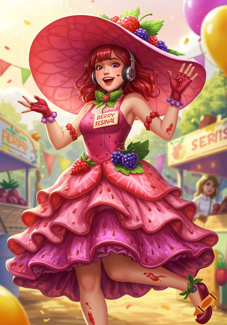 Anime woman in a layered berry dress and wide pink hat at a sunny festival.