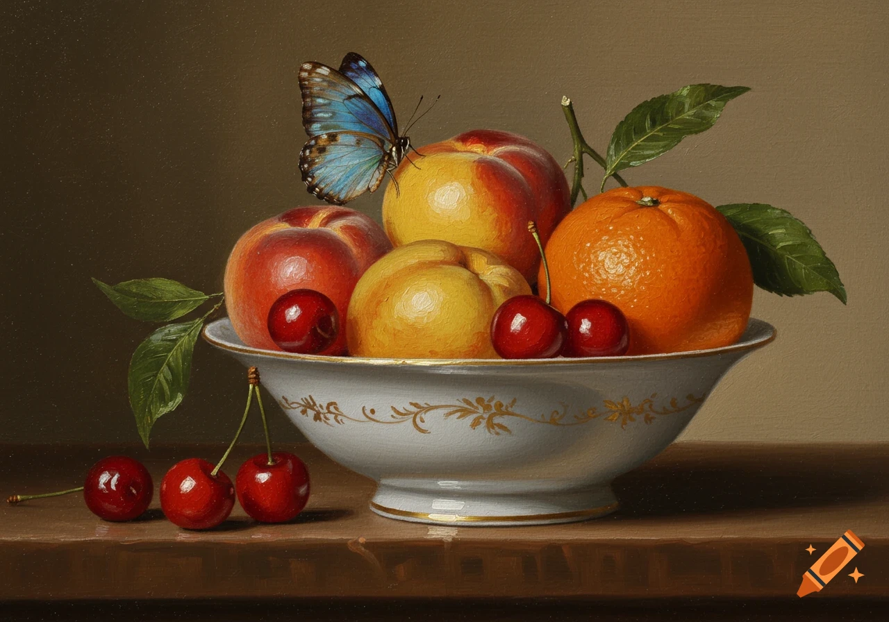 Still life painting of a bowl of fruit including peaches, cherries, and an orange, with a butterfly.