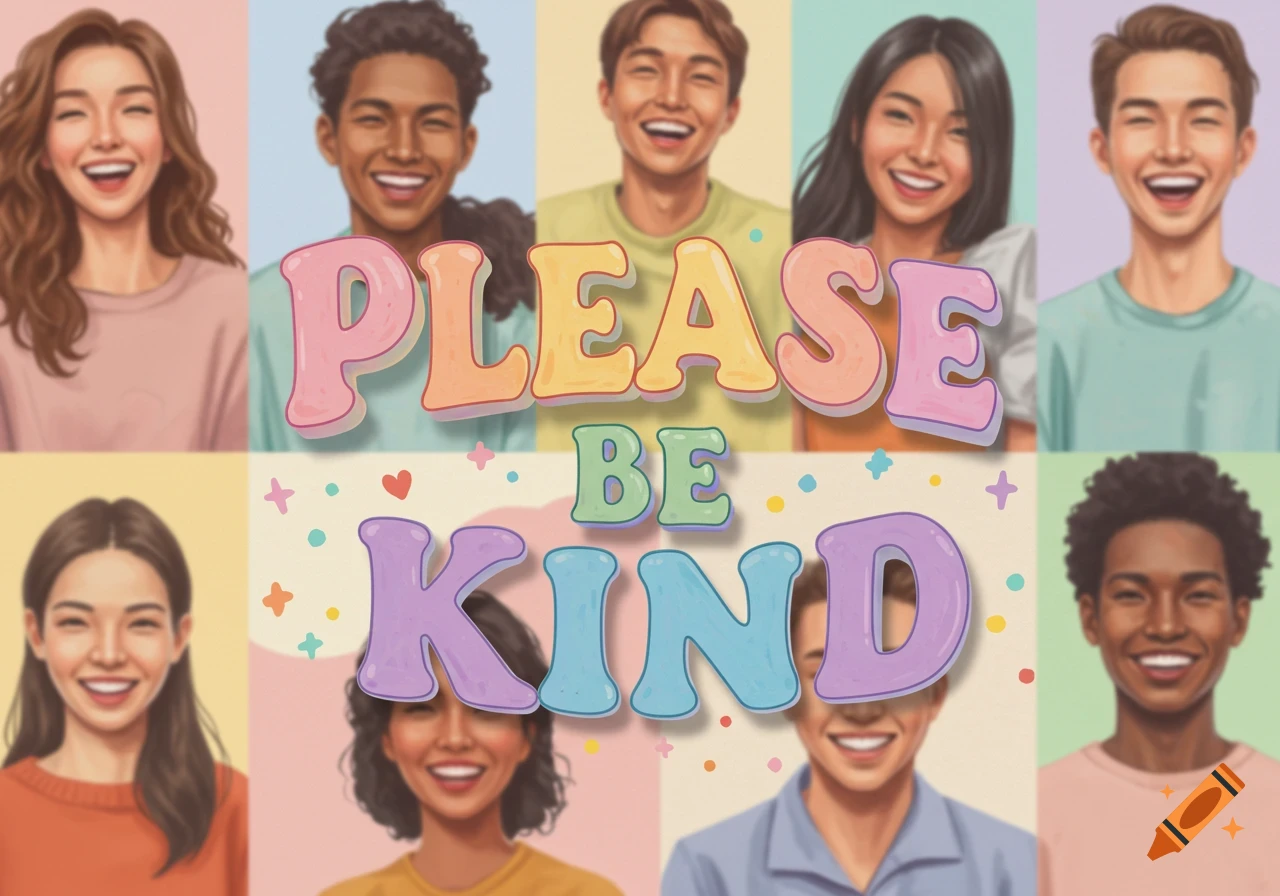 Grid of diverse smiling people with the words "PLEASE BE KIND" in colorful letters overlaid.