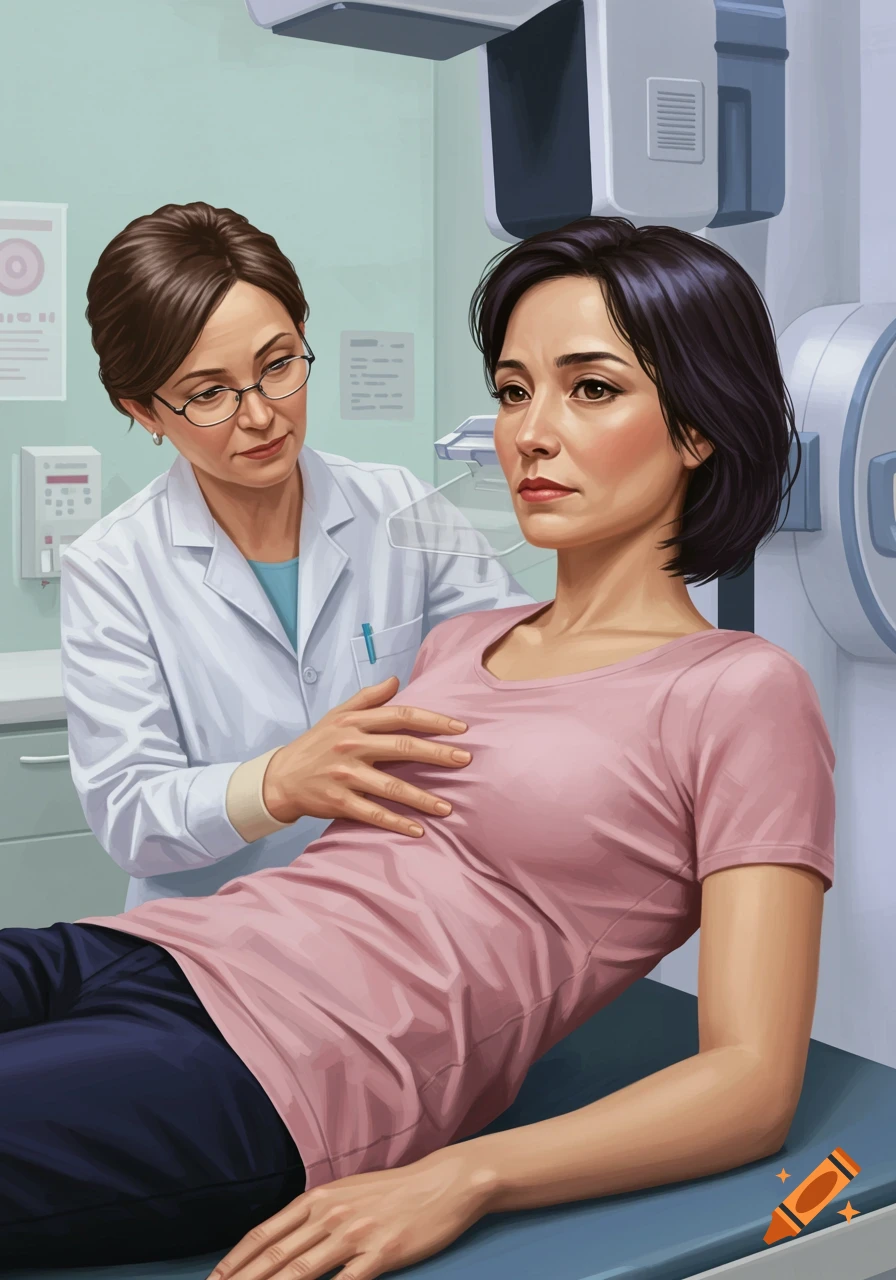 A doctor examines a woman in a clinic, preparing for a mammogram. Illustration style.