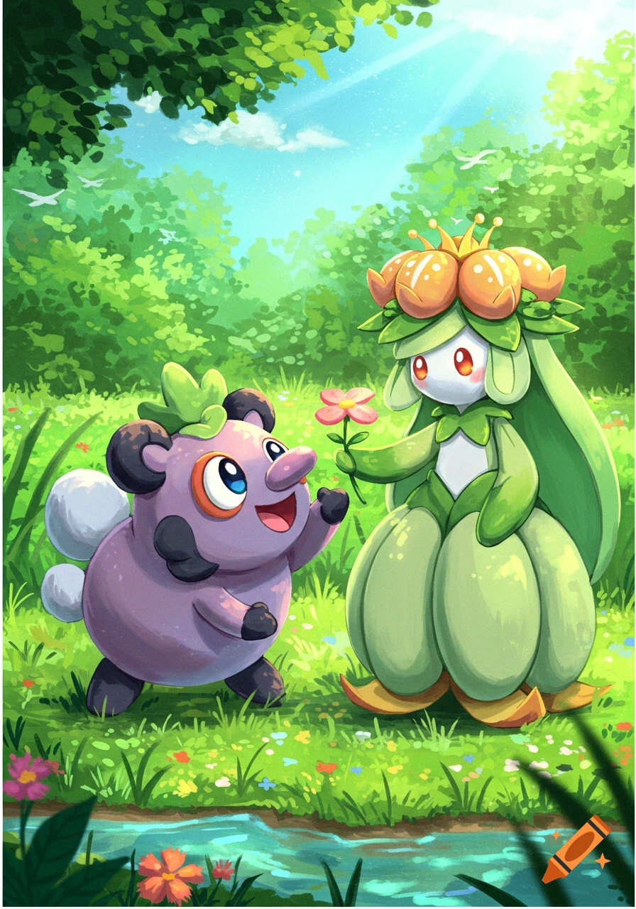 Bidoof and Liligant from Pokemon standing in a sunny forest meadow, digital illustration