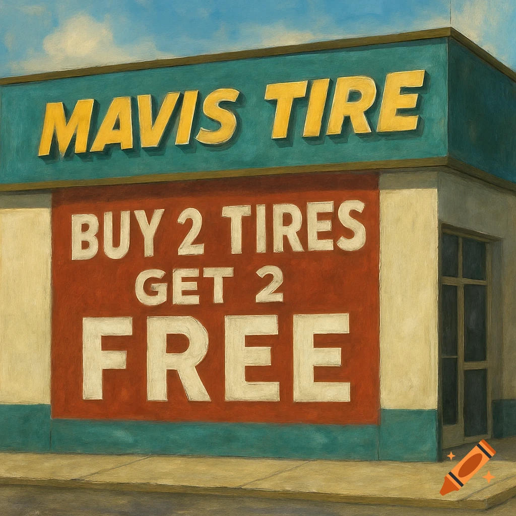 Painted image of a Mavis Tire building with a Buy 2 Get 2 Free sign.
