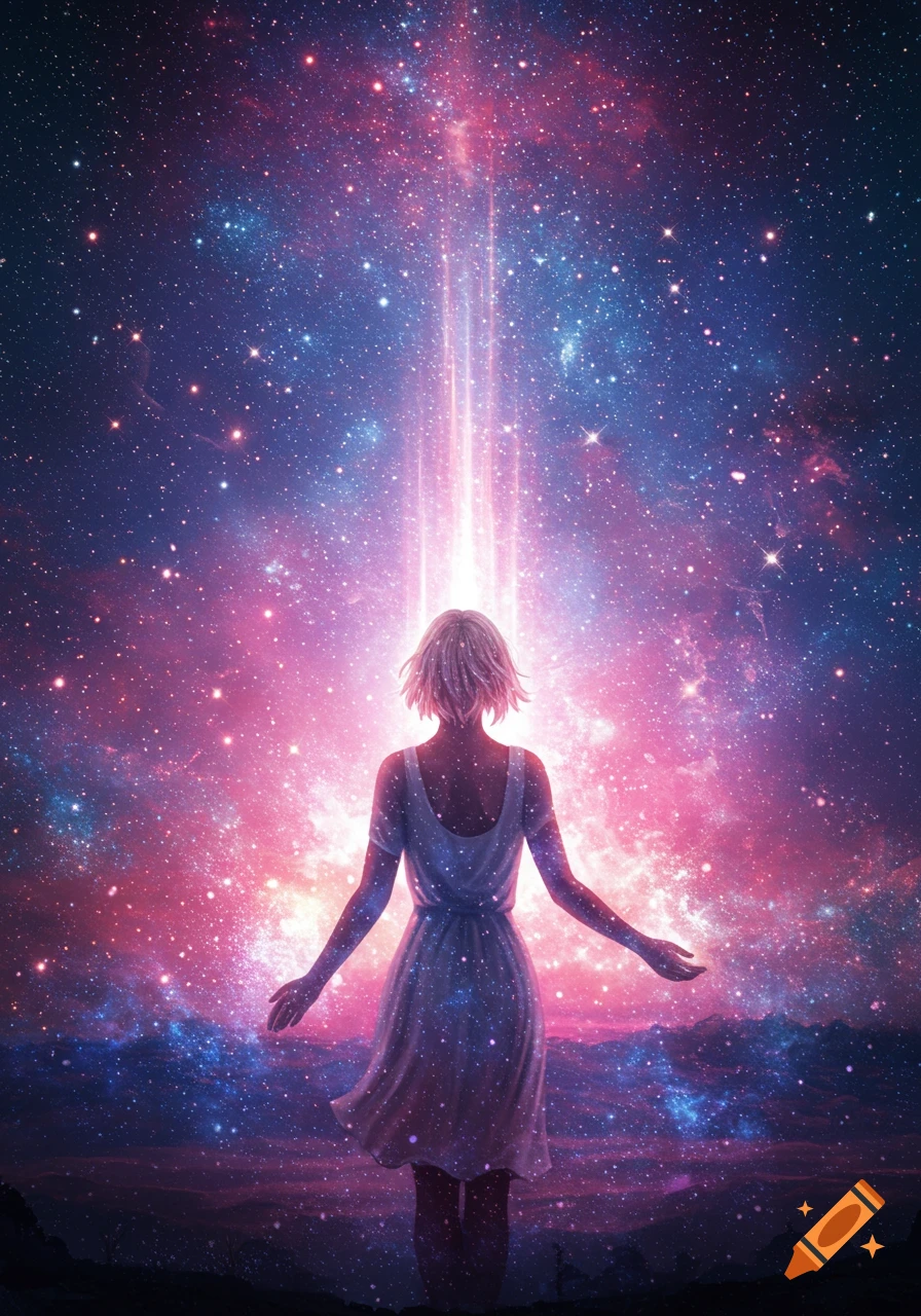 A person stands with their back to the viewer, looking up at a vibrant starry sky with beams of light shining down.