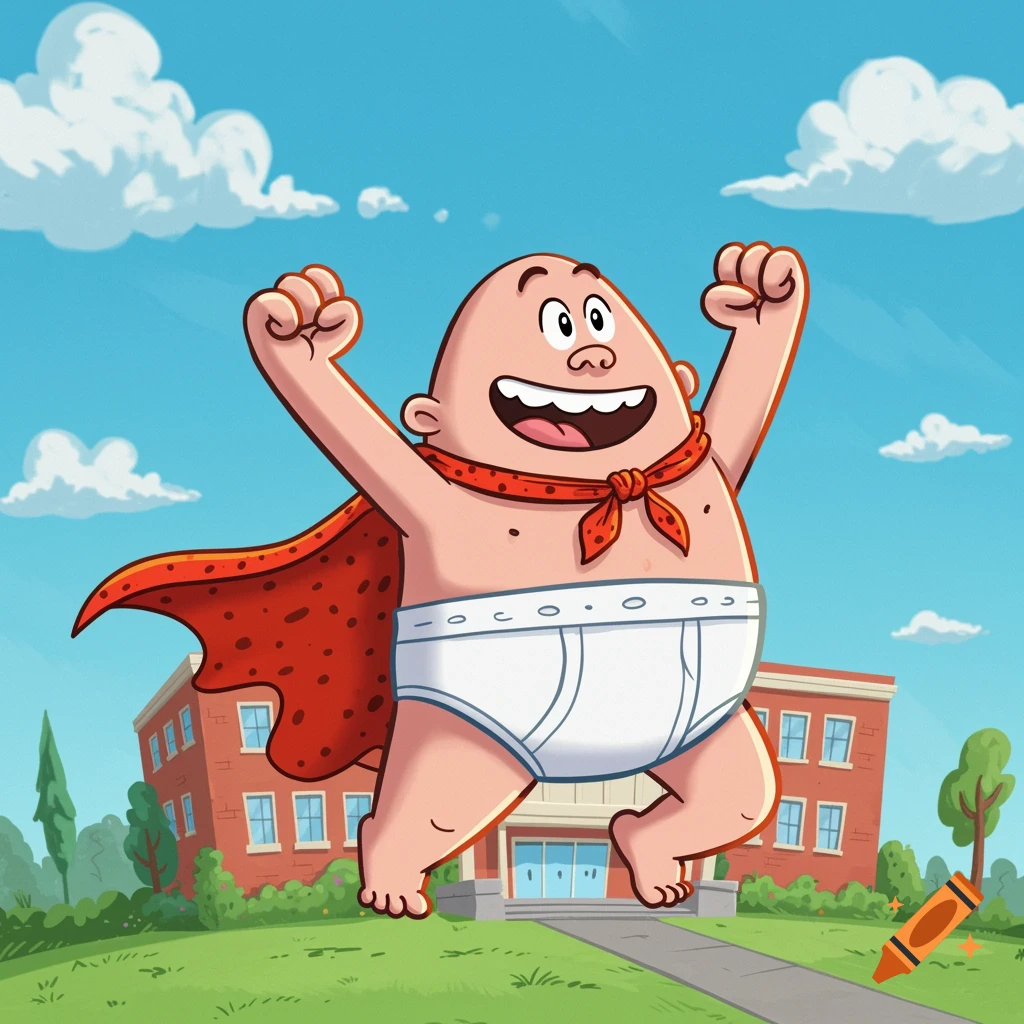 Cartoon of Captain Underpants jumping in front of a school building