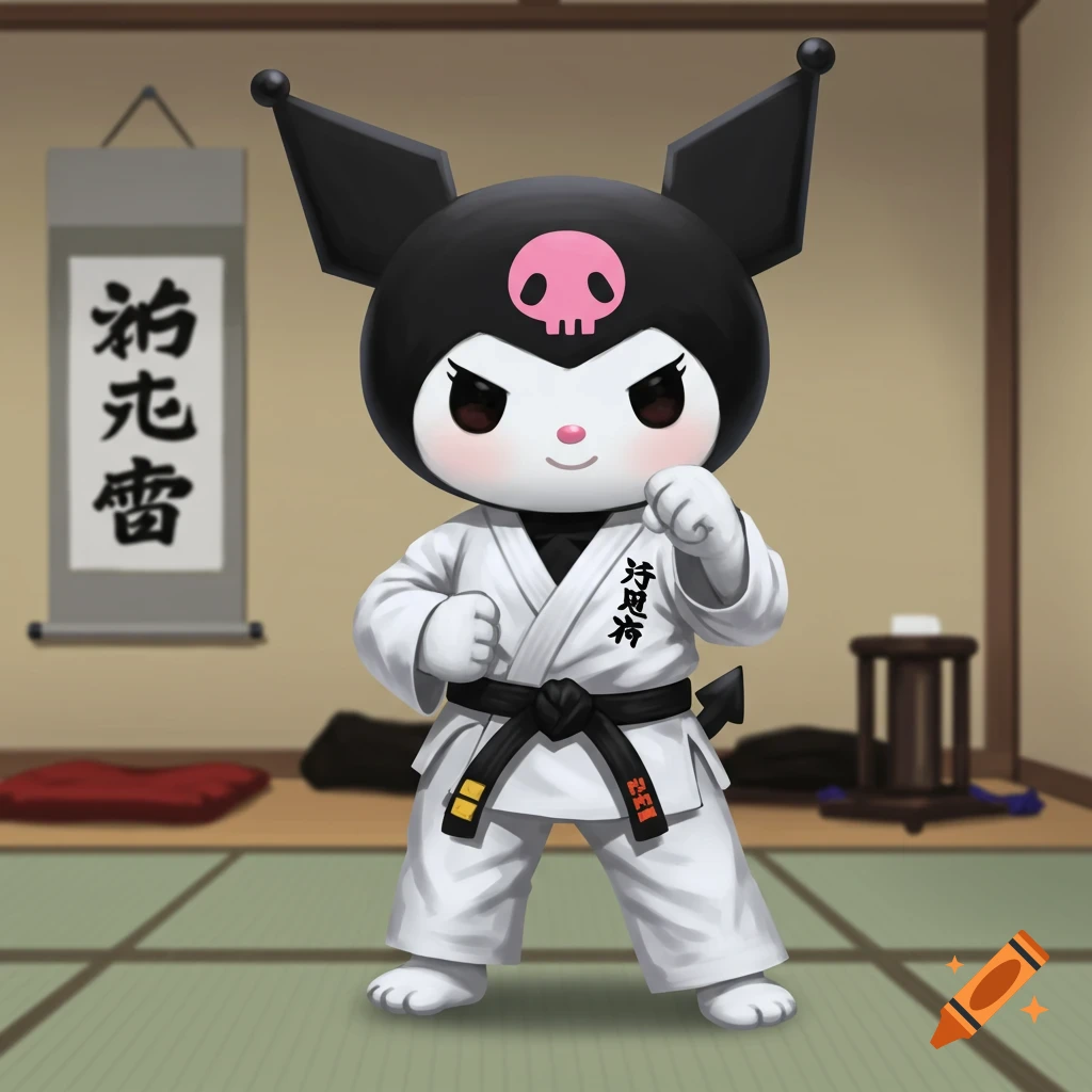 Kuromi in a white karate gi with a black belt in a dojo.