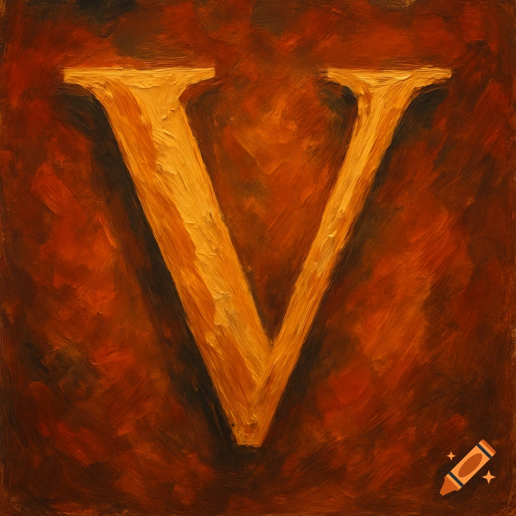 An oil painting of the letter V on a dark orange background.