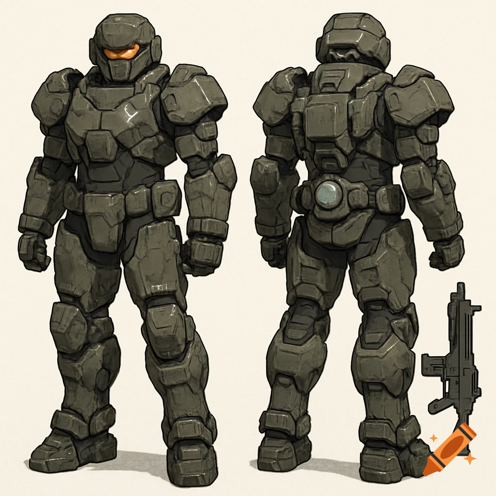 Front and back concept art of a person in bulky futuristic power armor standing next to a rifle.