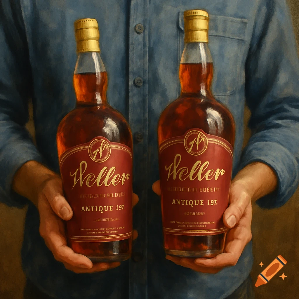 Hands holding two bottles of alcohol. Painting.