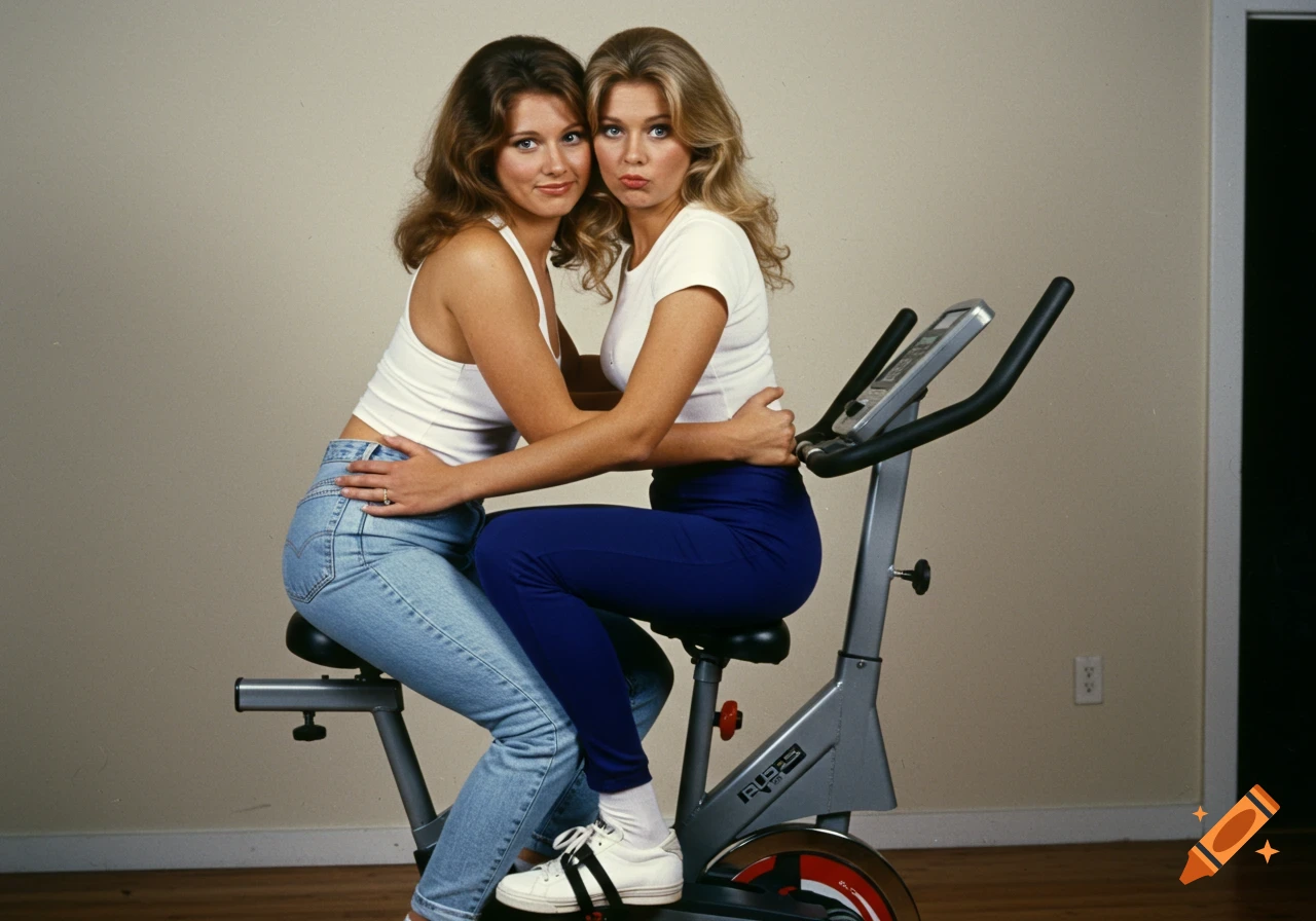 Two women hug while squeezing onto a single exercise bike in an awkward 1980s style photo.