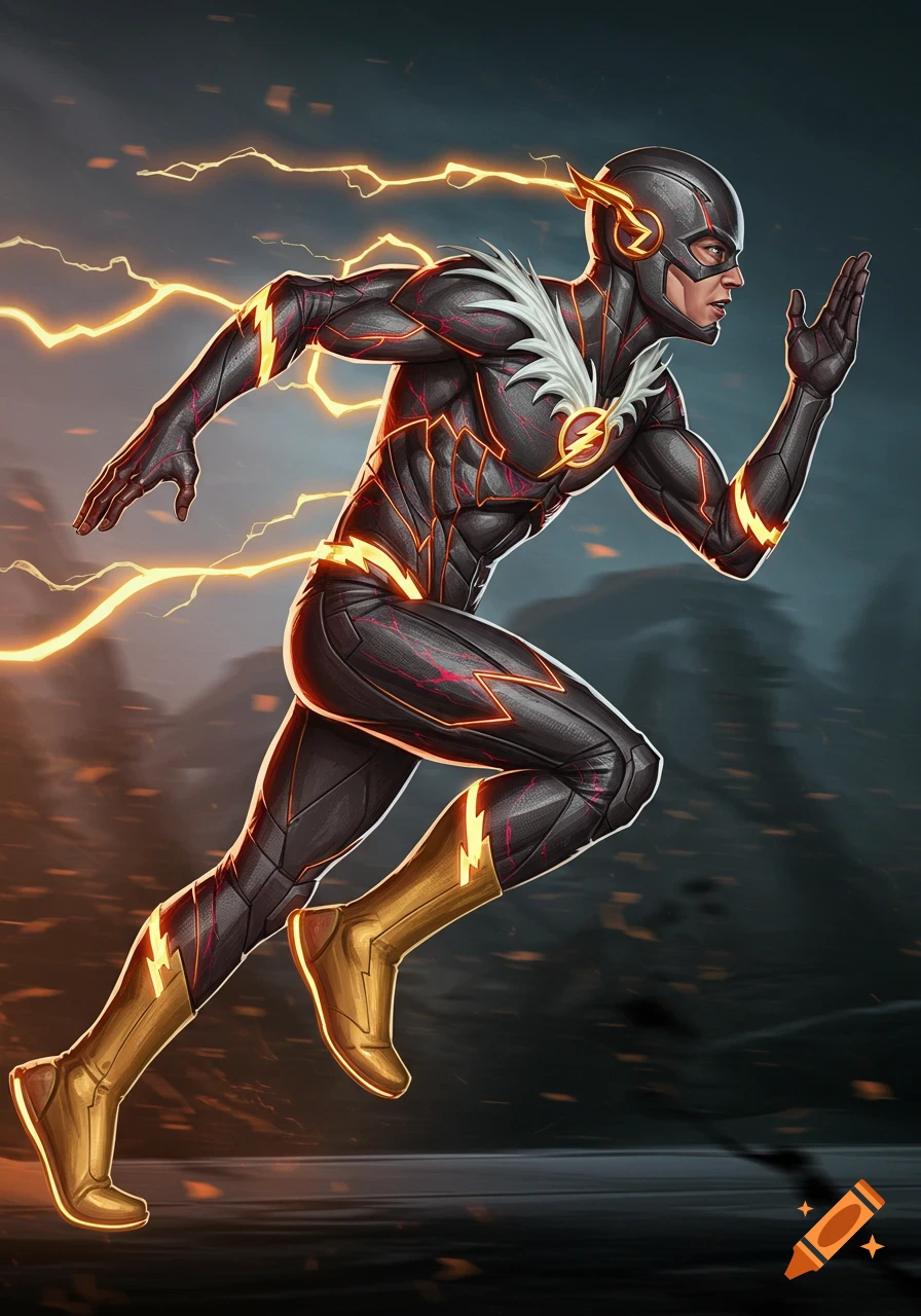 A character resembling the Flash runs in a black suit with red and yellow lightning trails.