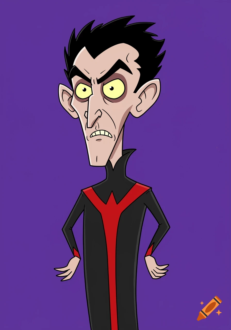 A cartoon character of a scowling man with spiky black hair, large ears, and a black and red villain outfit.