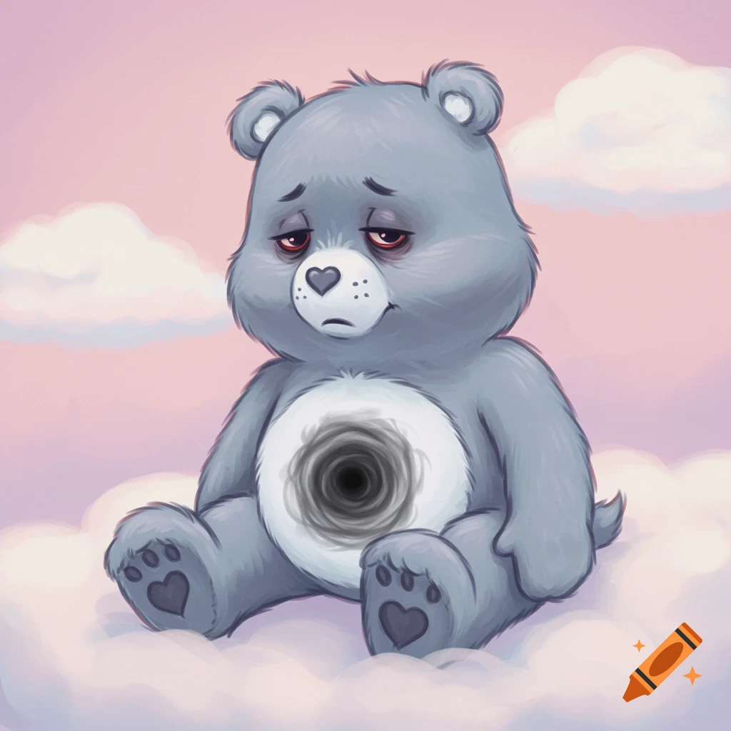 A gray Care Bear-style bear with a black hole in its belly sits on clouds, looking sad.