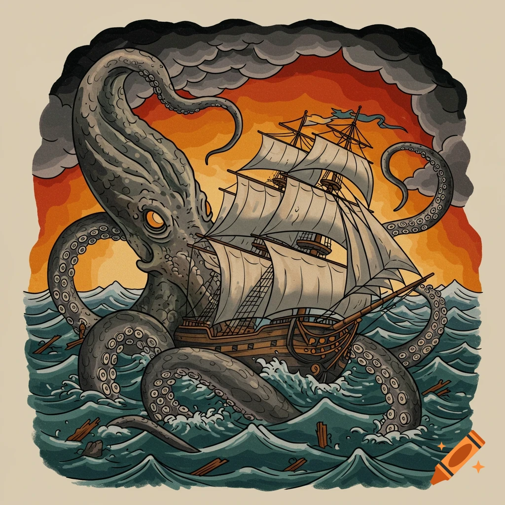 A large kraken with glowing eyes wraps its tentacles around a sailing ship on a stormy sea at sunset, in a bold tattoo style drawing.