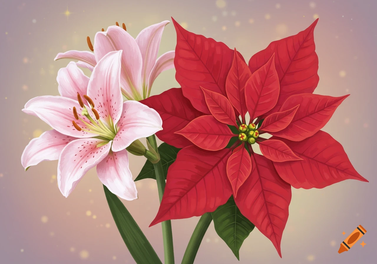 Pink lily and red poinsettia flowers with sparkling background.