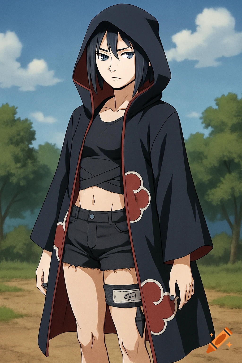 Anime girl in Akatsuki cloak, crop top, and shorts with a headband