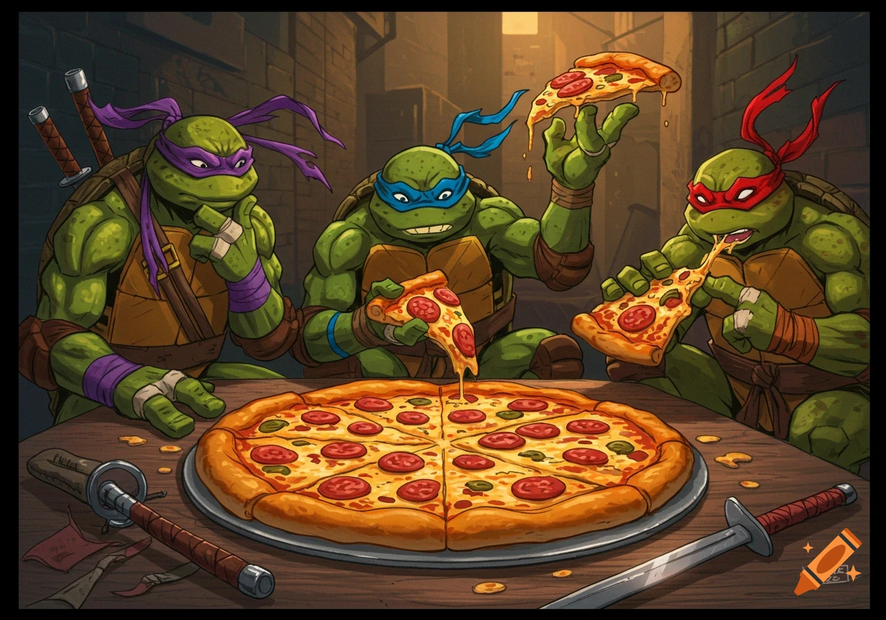 Teenage Mutant Ninja Turtles eating pizza in a street alley, cartoon style.