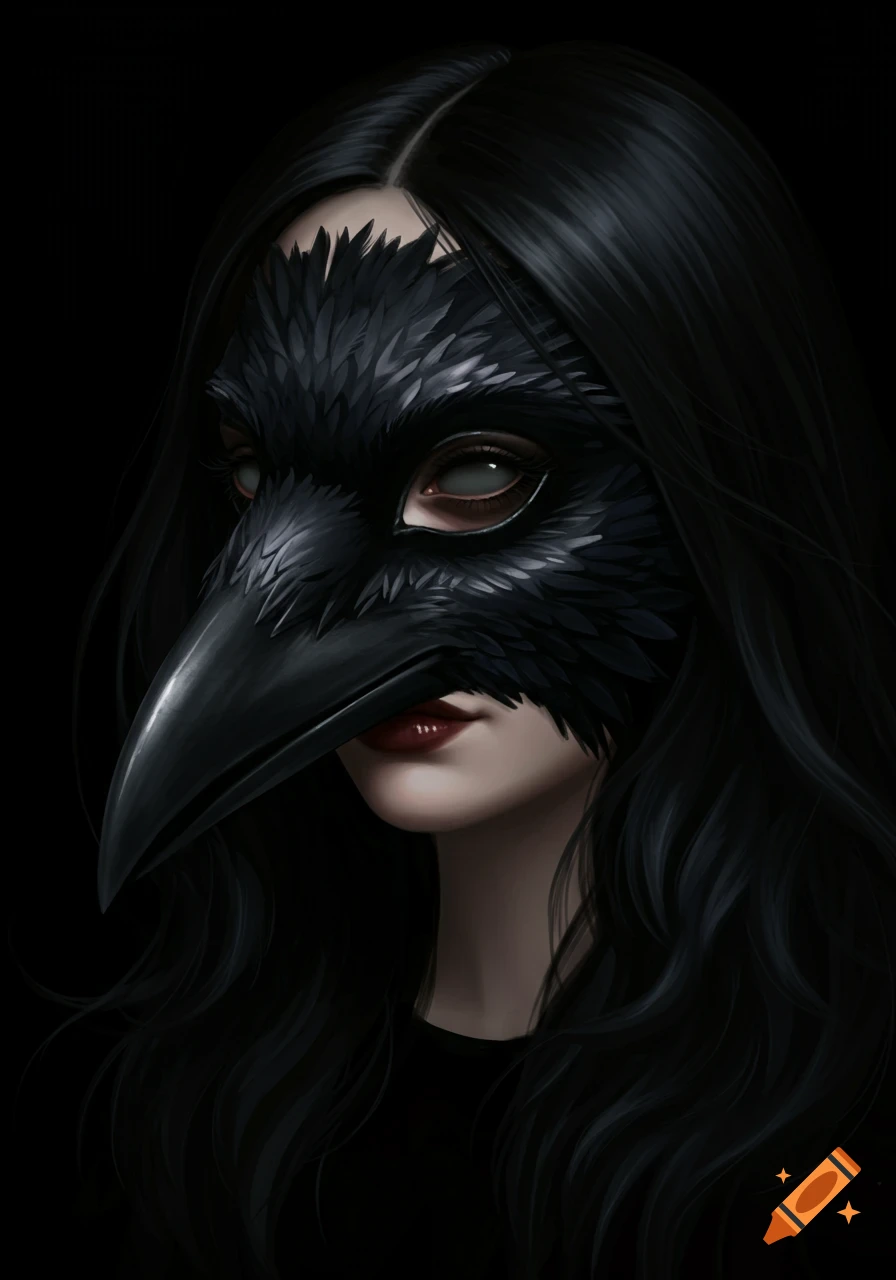 Digital painting of a woman with dark hair wearing a black raven mask and dark lipstick
