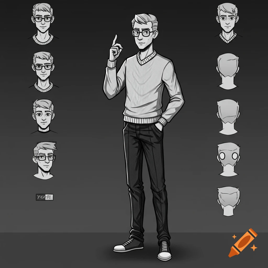 Grayscale character design sheet of a man with glasses, showing full body and multiple head views in cartoon style.