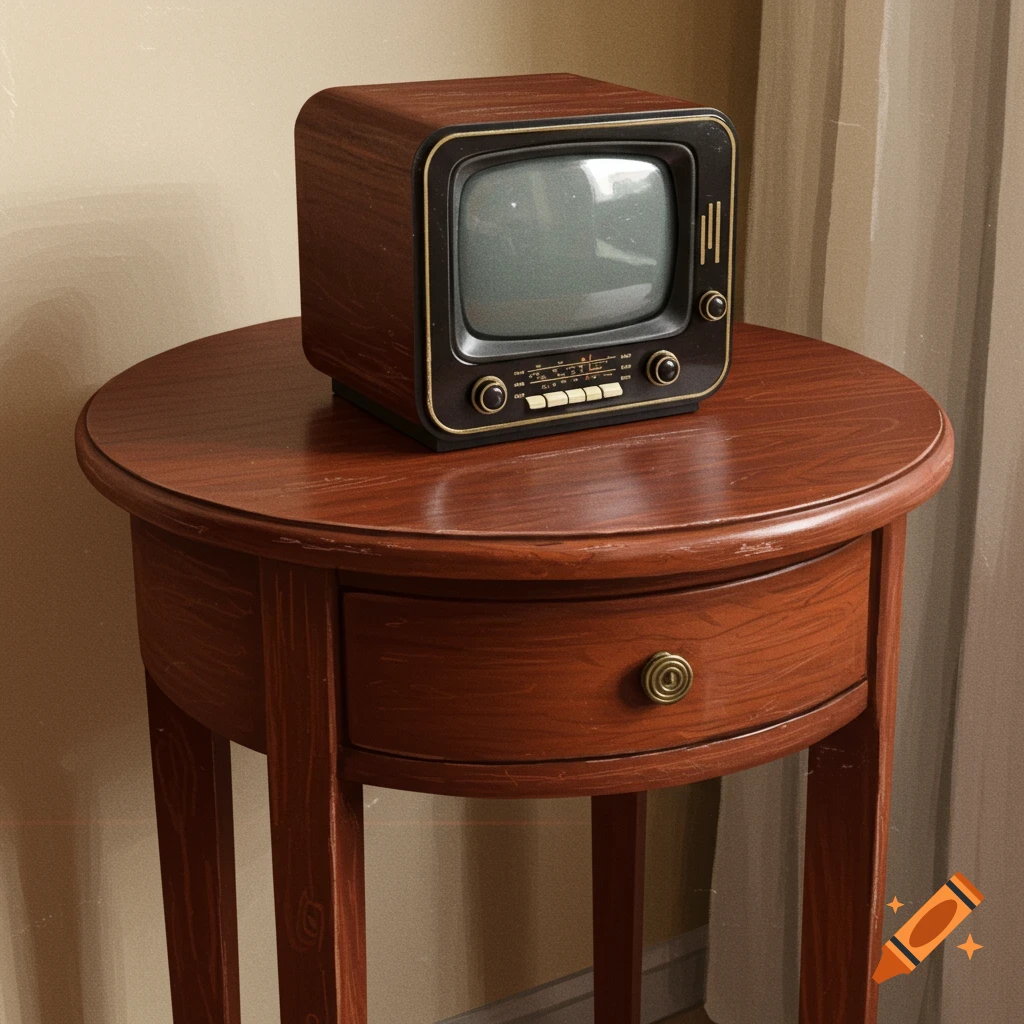 An antique radio/TV sits on a rounded wooden bedside table.