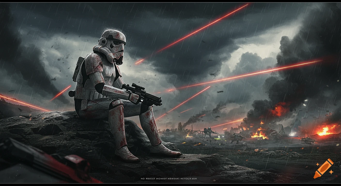 A Stormtrooper sits on a rock on a stormy battlefield with laser fire and explosions.