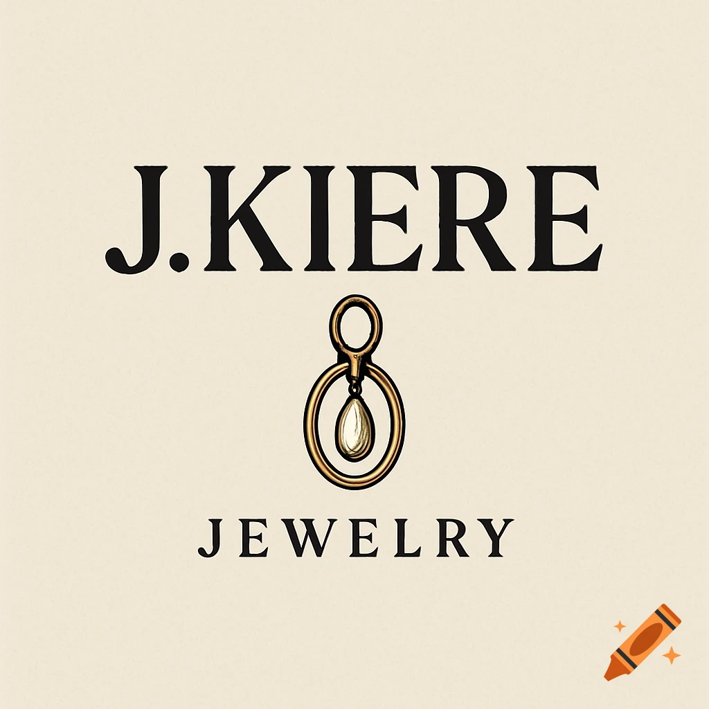 Logo for J.Kiere Jewelry featuring text and a gold pendant with a white stone on a cream background.