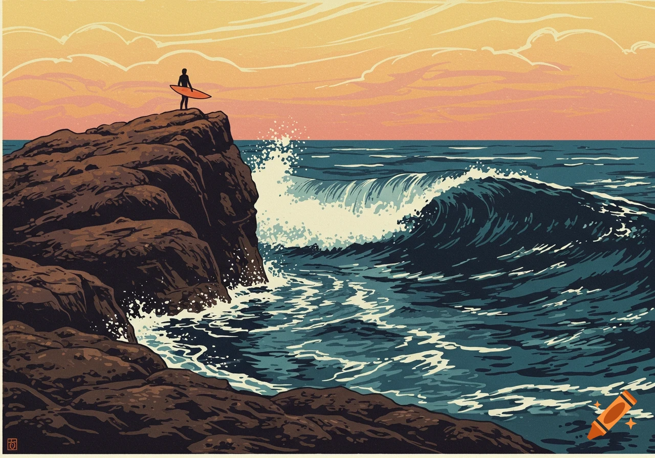 A surfer stands on a cliff watching waves crash against rocks at sunset, in an illustrated style.