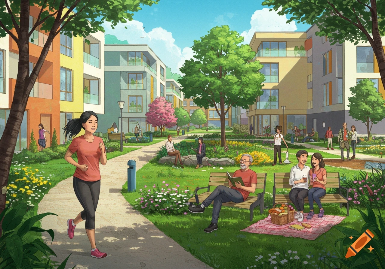 A woman jogs on a path through a park in a modern community with people relaxing and picnicking.