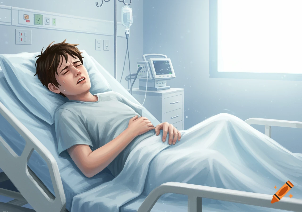 Illustration of a young boy in pain lying in a hospital bed.