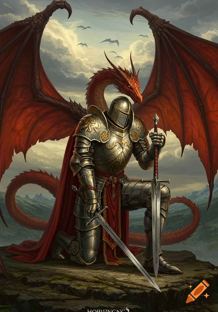Knight in ornate armor kneeling with large red dragon wings and head behind him, holding a sword in a fantasy landscape.