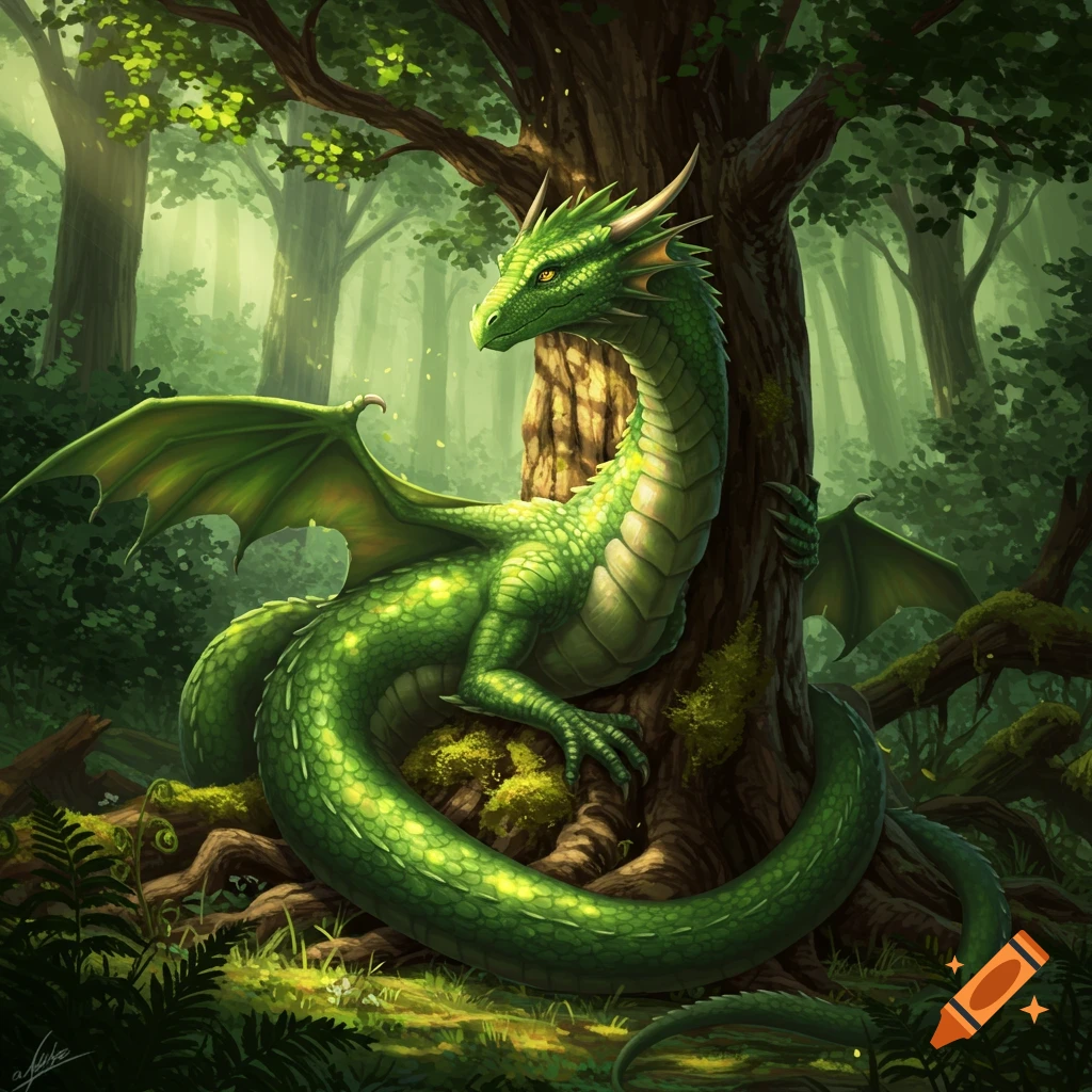 A green dragon coiled around a large tree in a sunny fantasy forest.