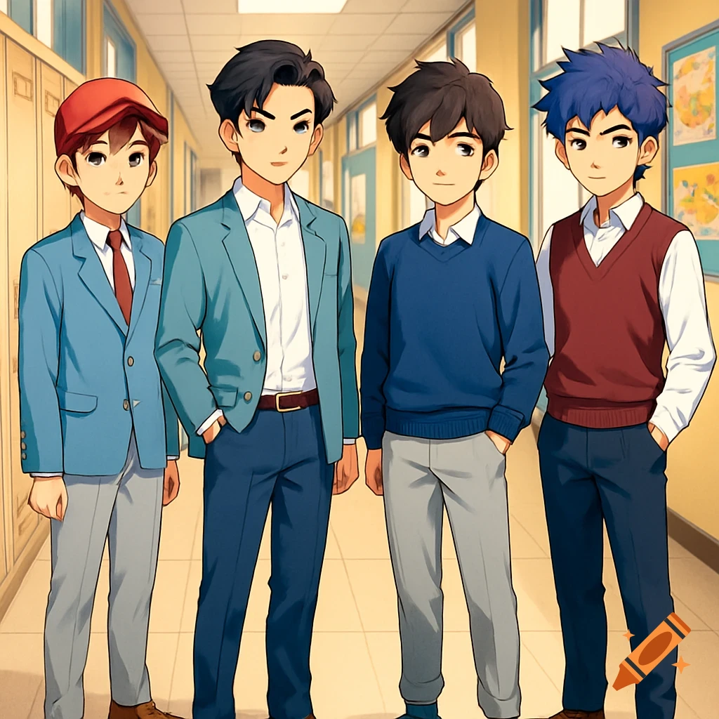 Four anime teenage boys stand in a school hallway.
