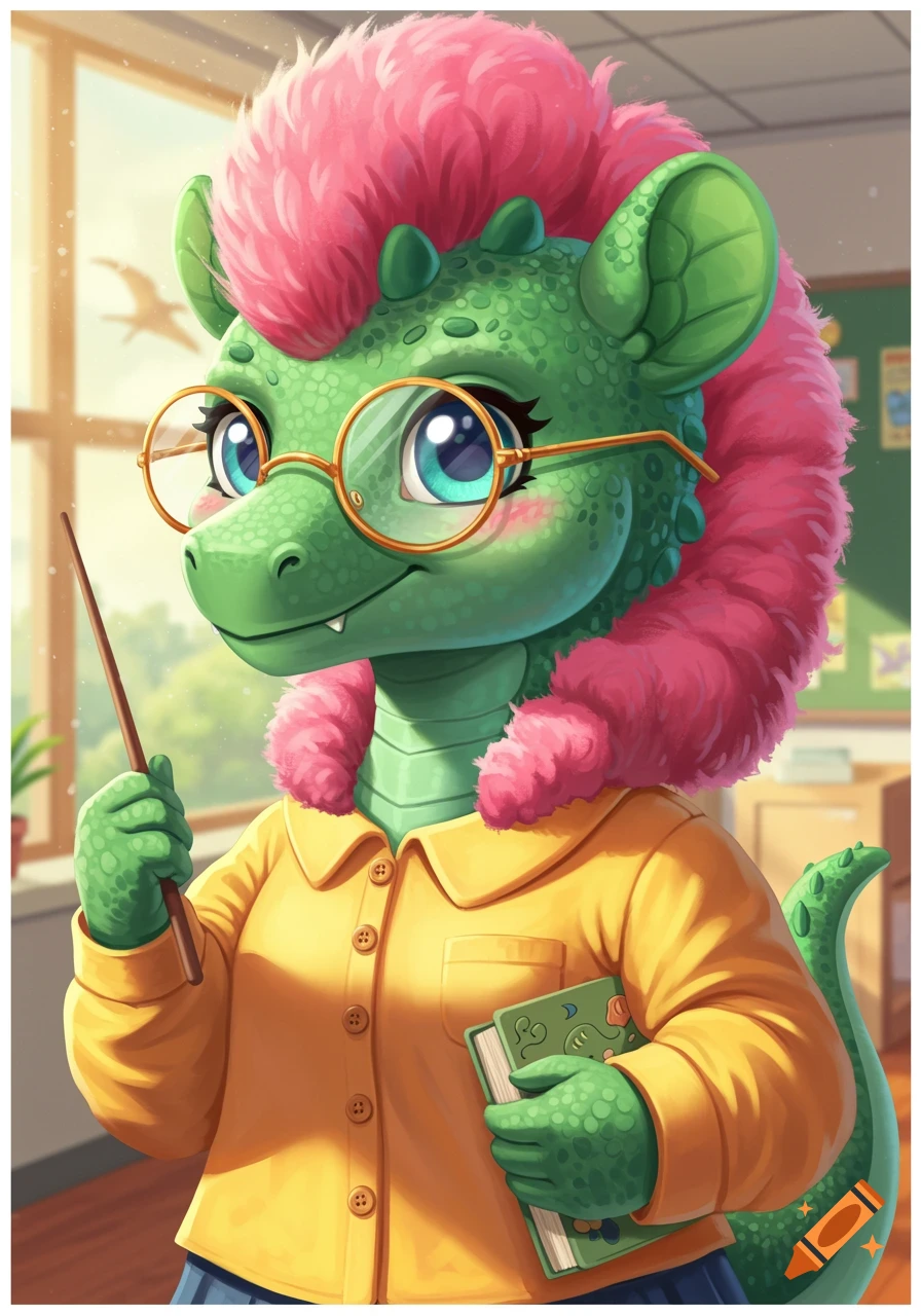A cute cartoon dinosaur teacher in a classroom holding a pointer and book.