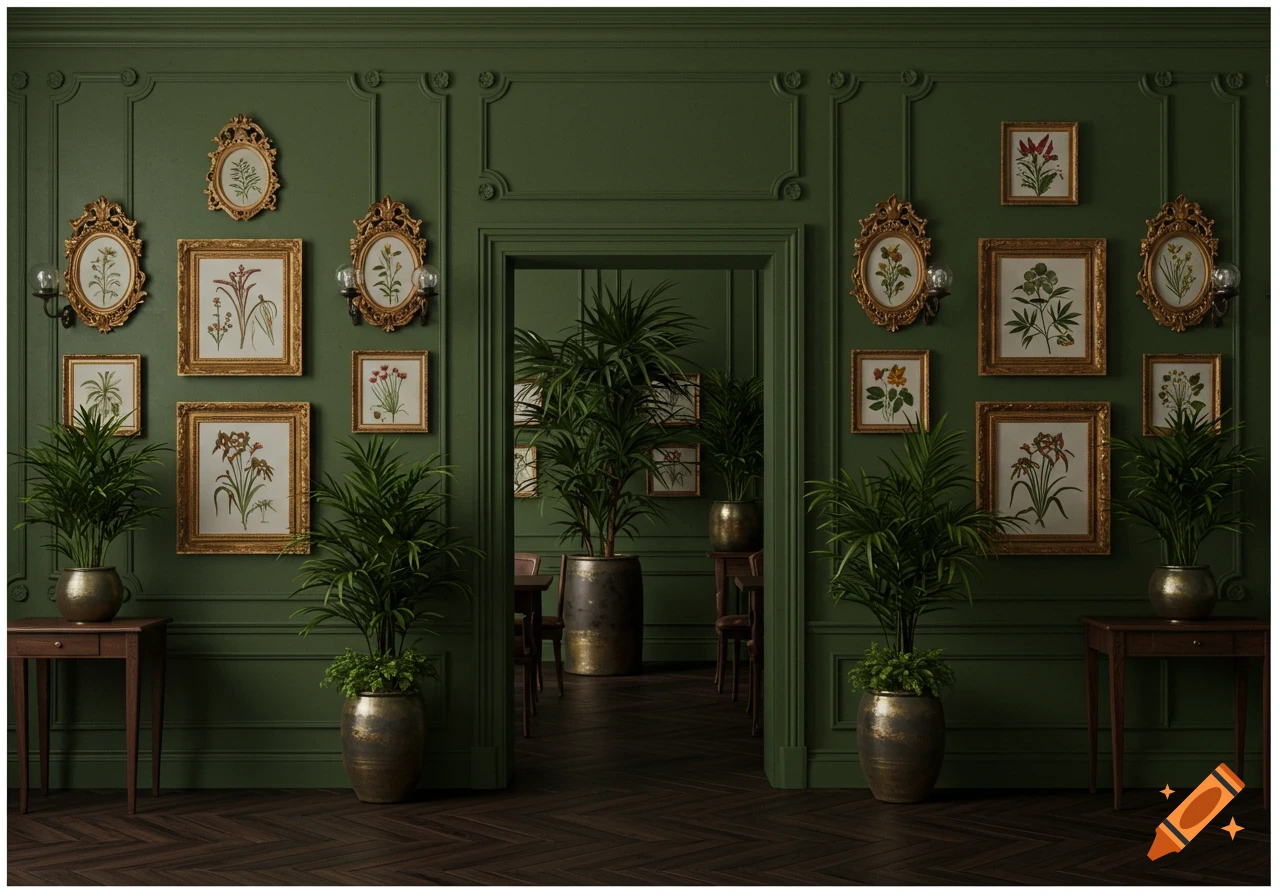 Victorian-style room with dark green walls, ornate gold framed botanical art, tall plants, and a doorway leading to a dining area.
