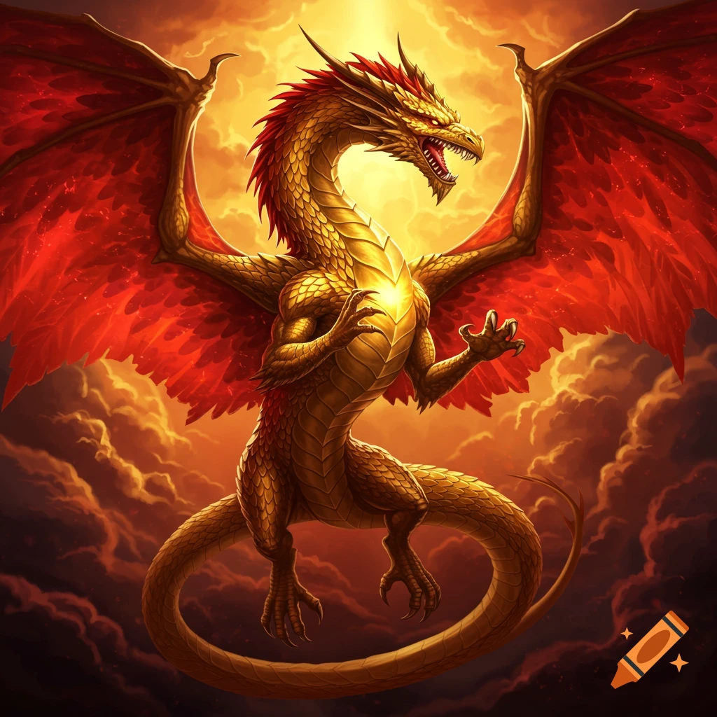 Golden dragon with red wings soaring through fiery clouds.