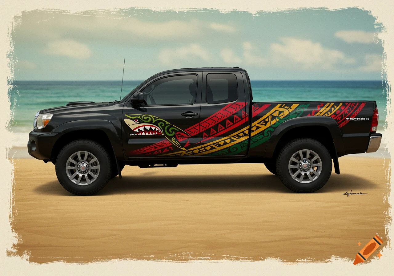 Black Toyota Tacoma truck with Polynesian tribal tattoo graphics on a beach