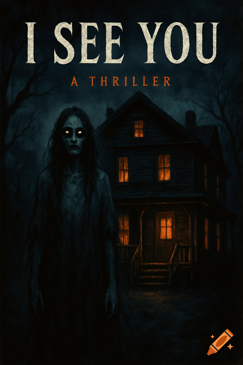 Dark thriller book cover illustration of a ghostly figure in front of a haunted house with the title I SEE YOU A THRILLER.