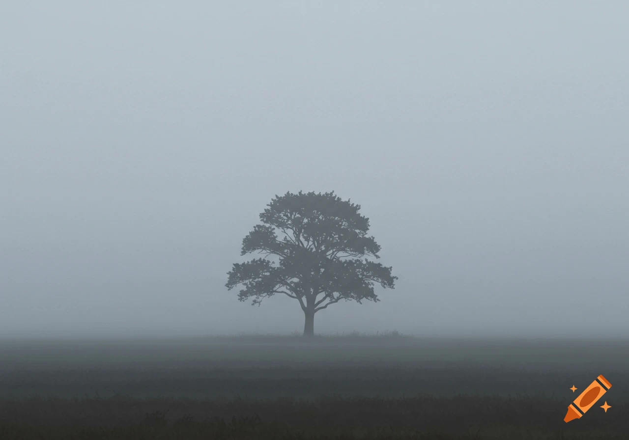 A solitary tree in a foggy field.