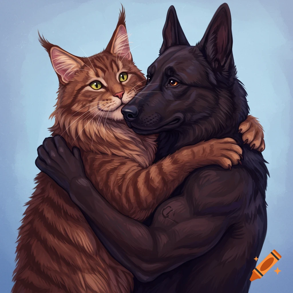 Digital painting of an anthropomorphic tabby cat and black dog with muscular arms hugging.