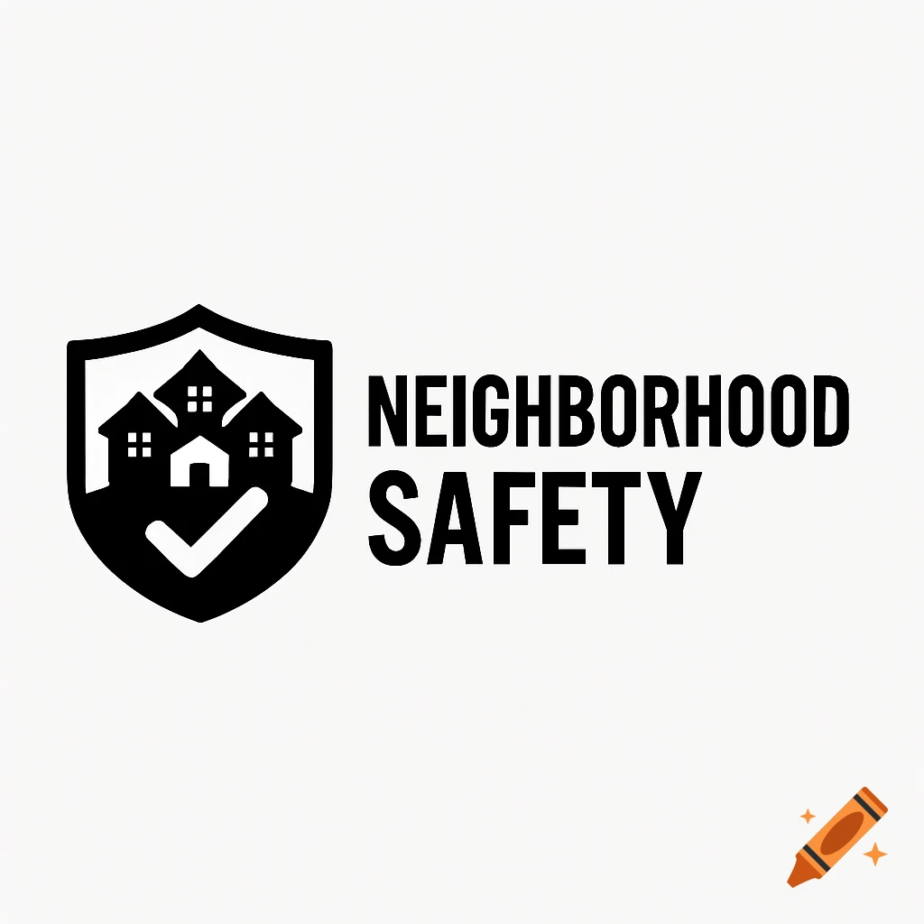 Neighborhood Safety logo with shield icon showing houses and a checkmark.