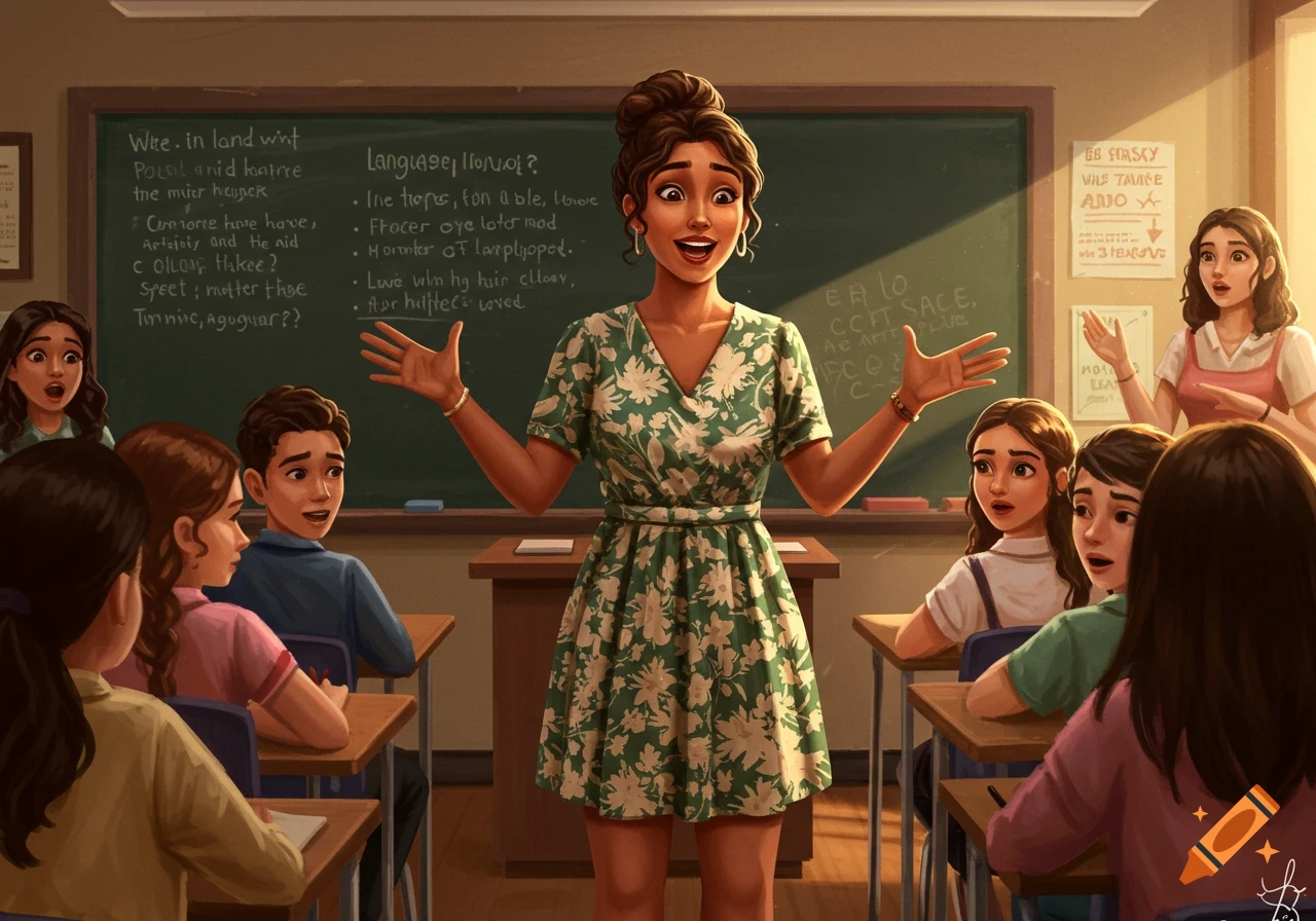 An illustrated scene of a teacher speaking in front of a class of students.