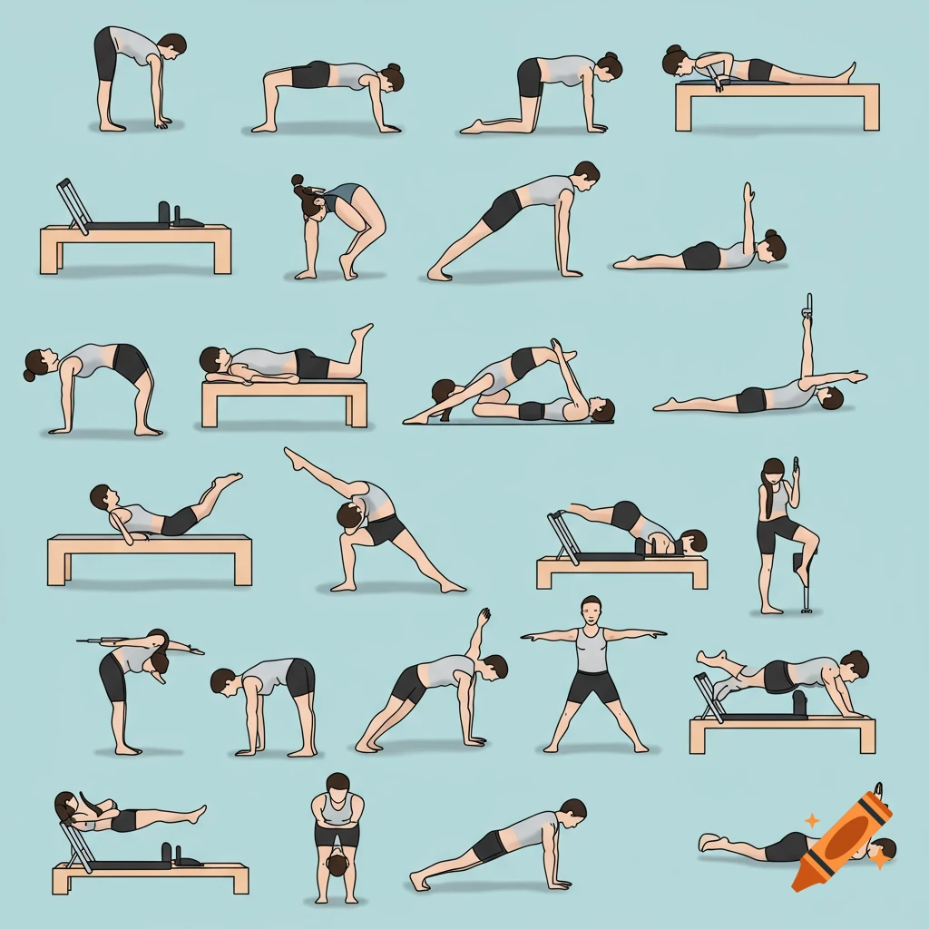 Illustrations of multiple people performing pilates and exercise poses.