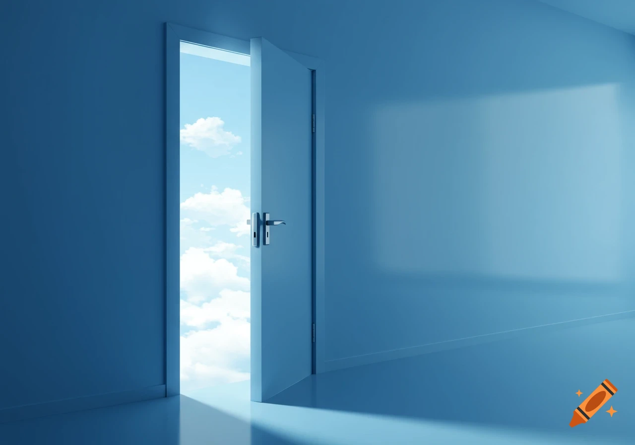 An open door in a blue room looks out onto a bright cloudy sky.