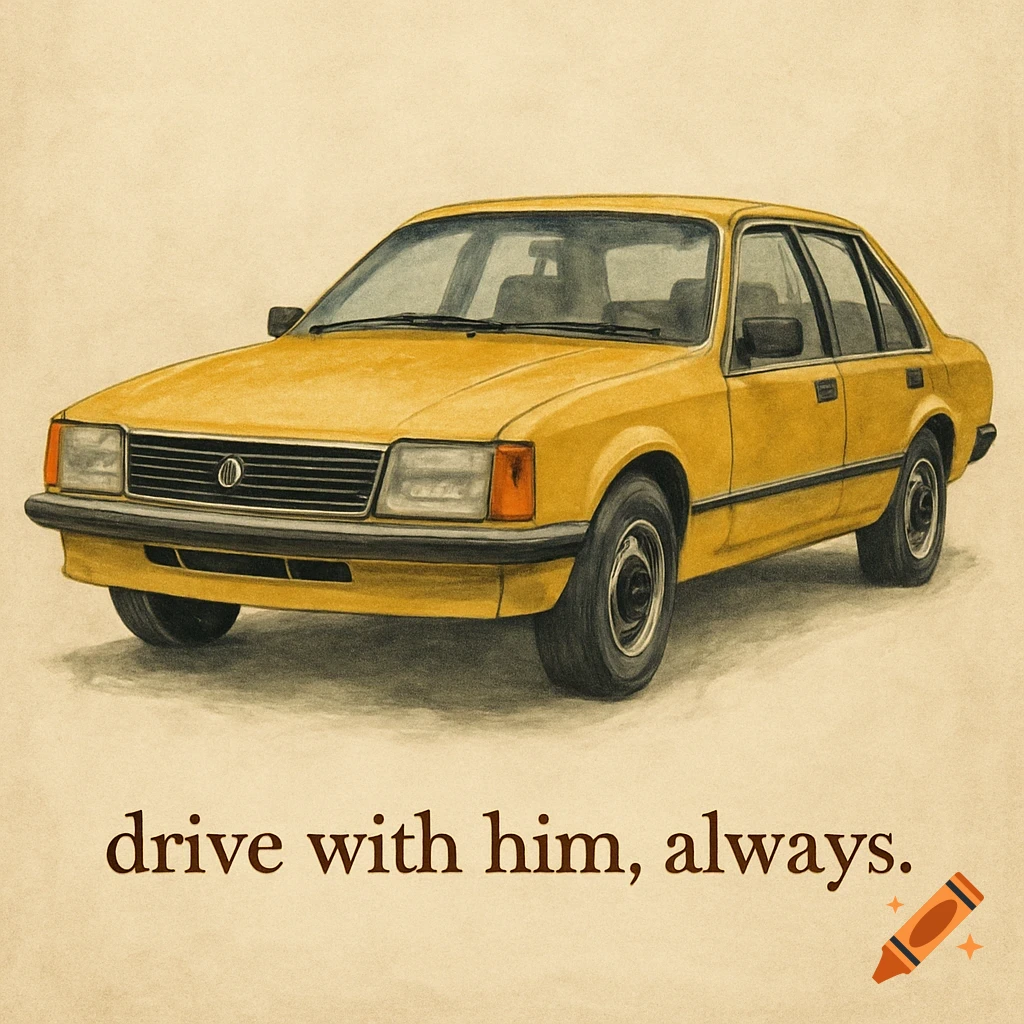 A sentimental art print of a yellow Holden Commodore sedan car with the text 'drive with him, always.' below it.