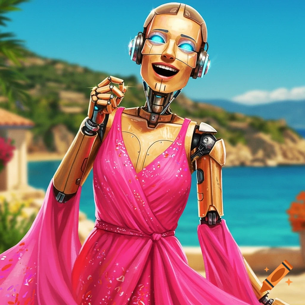 Illustrated robot in a pink dress on a tropical beach.