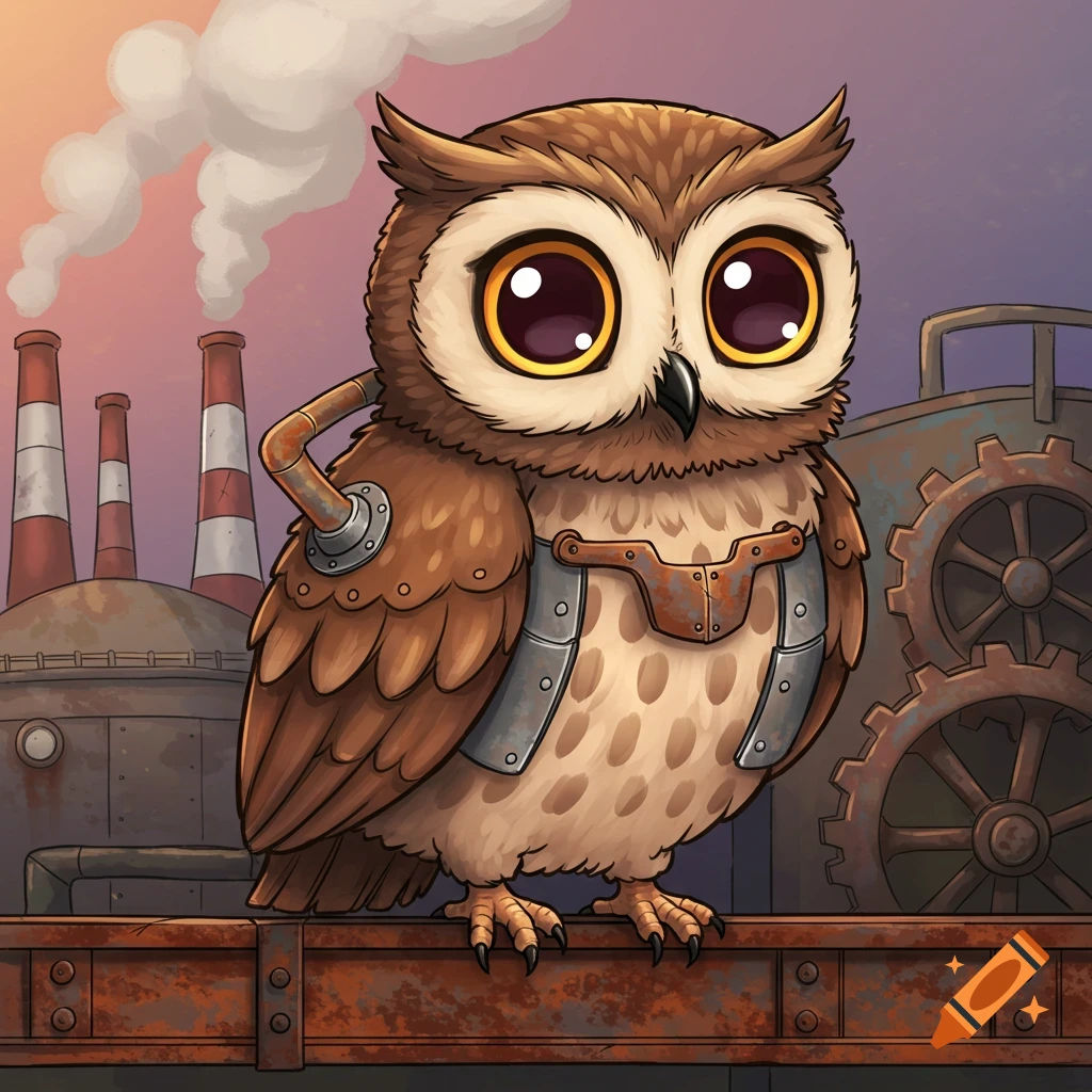 A cute cartoon steampunk owl stands in an industrial setting.