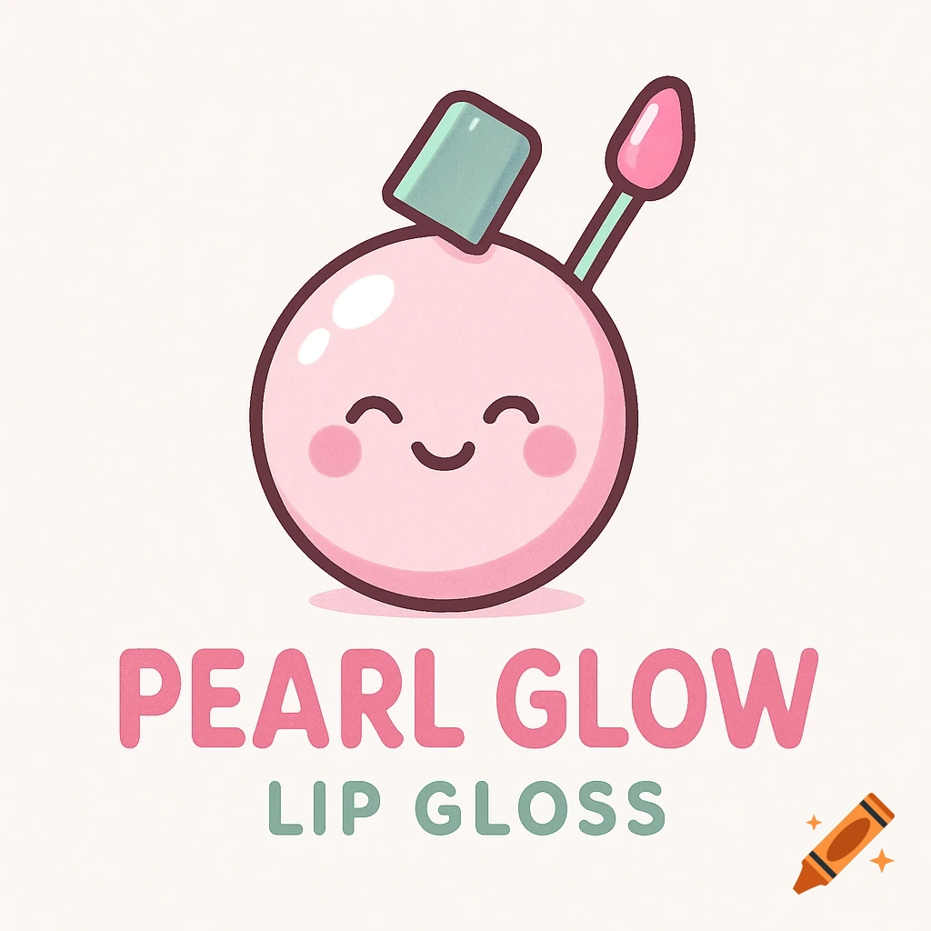 Cute logo illustration of a pink spherical lip gloss bottle with a face, labelled 'Pearl Glow Lip Gloss'