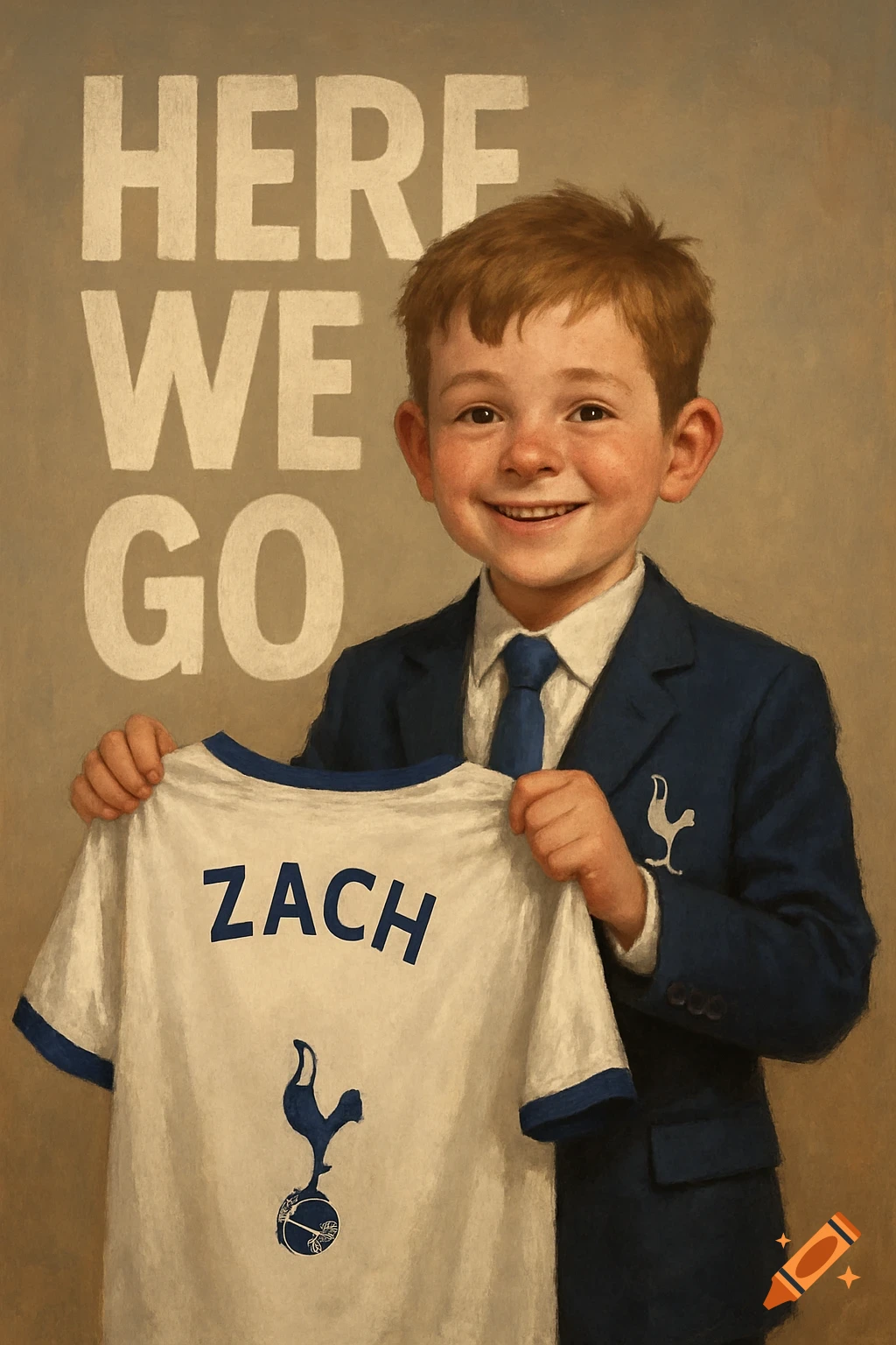 A boy in a suit holds a football jersey with 'ZACH' on it, in front of text reading 'HERE WE GO'. Painterly style.