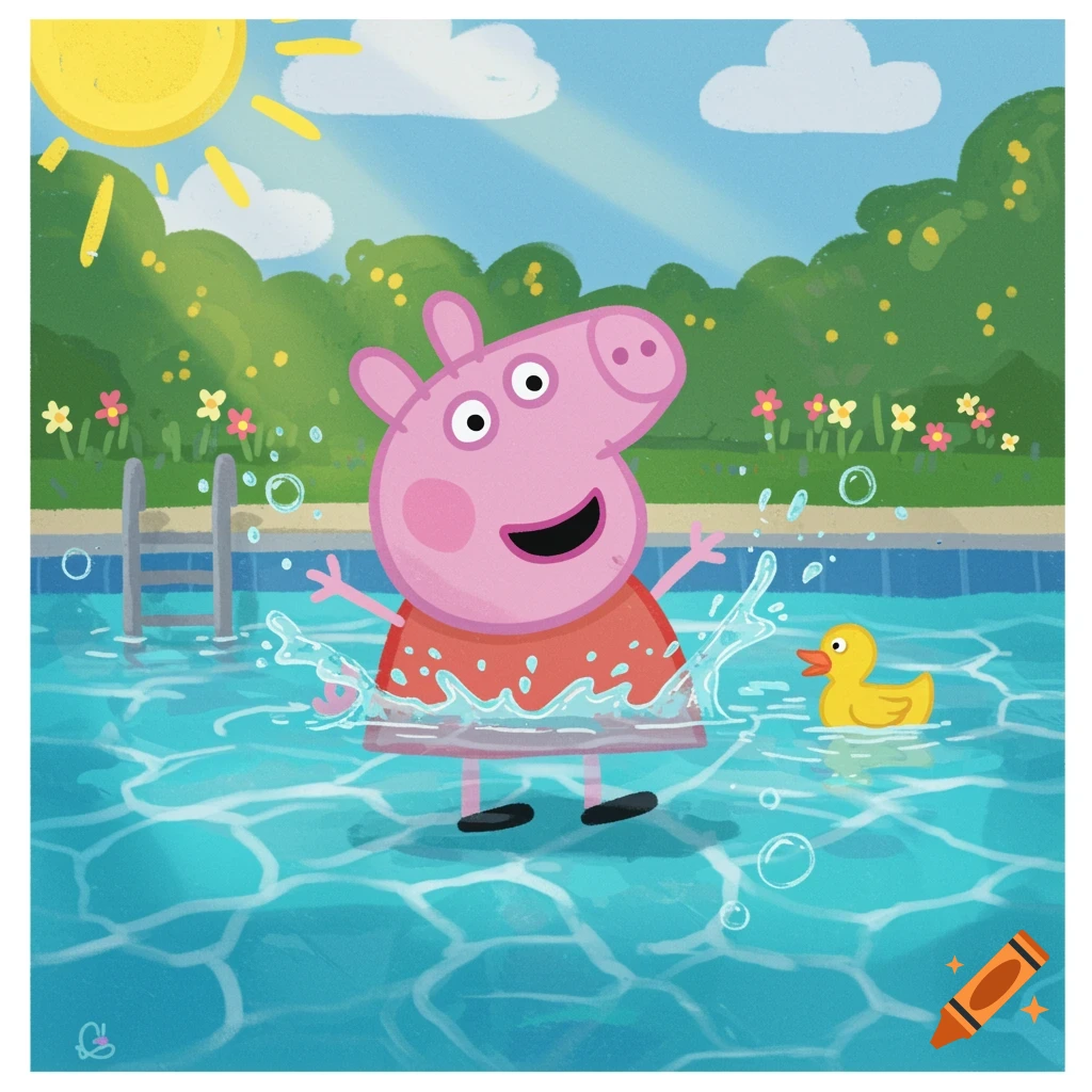 Peppa Pig swimming in a pool with a rubber duck, cartoon style.